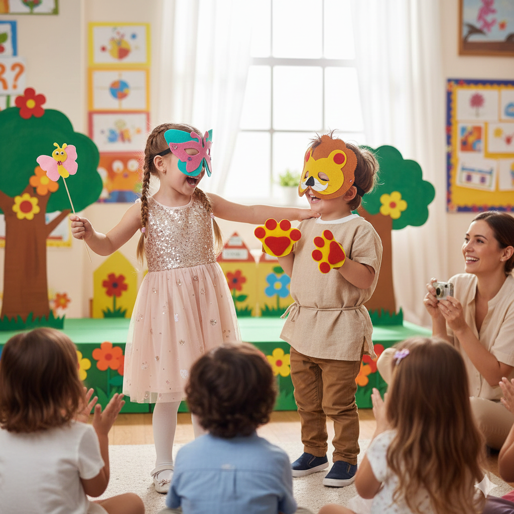  اجرای نمایش کودکانه با ماسک‌های نمایشی برای یادگیری تعامل و درک احساسات دیگران