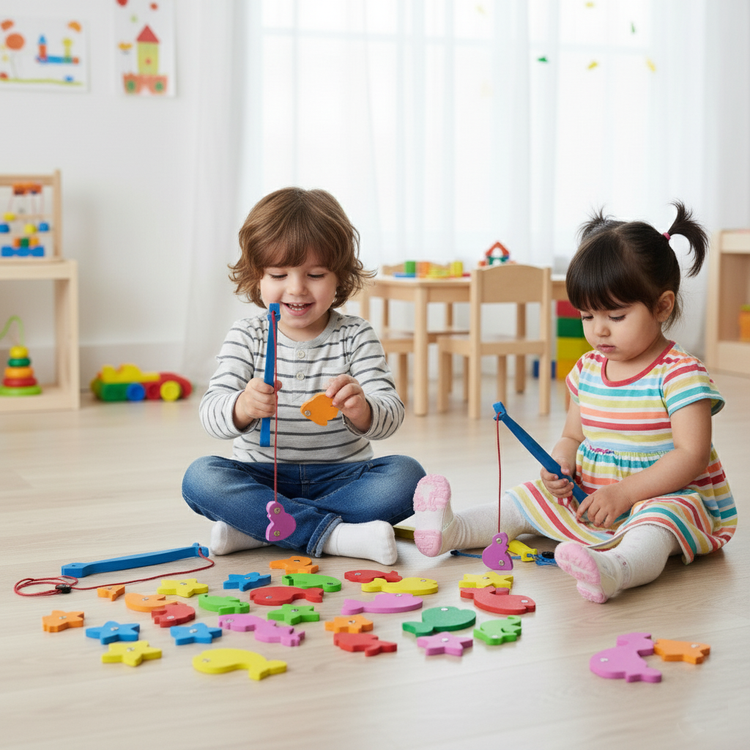 قلاب مغناطیسی و ماهیهای فومی برای بازی دو کودک